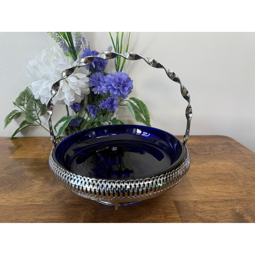 Vintage Cobalt Blue Glass Basket Dish Ornate Silver Plated Twisted Handle‎